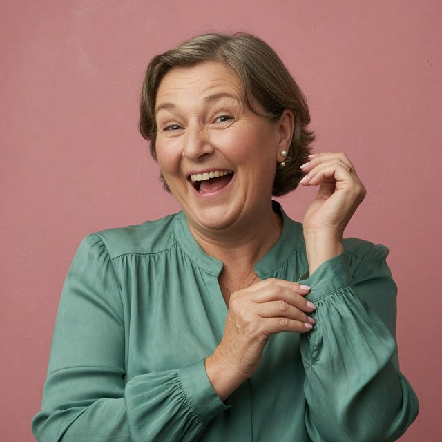 Portrait photograph of an adult woman in her early 60s wearing a softly pleated sea-green silk blouse, hands brushing its gathered sleeve fabric. Her amused, open expression stands against a matte rose backdrop, illuminated by broad, gentle studio light. — Grok Imagine Image Quality