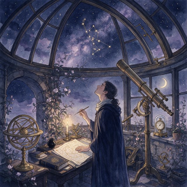 Ink-and-watercolour illustration of an adult astronomer mapping constellations from a glass-domed observatory, surrounded by brass instruments and flowering night plants. Indigo, lavender, and pale gold palette, delicate linework, serene atmospheric detail. — Seedream 5.0 Pro