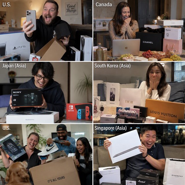 Realistic. Adults in the U.S., Canada, and Asia getting a ton of expensive free stuff (phones, PCs, nice food, and all kinds of other things). 4–6 panels. The adults react in the way one would expect as a result. — GPT Image 2.5 Sunburst