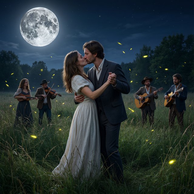 An illustration of a young adult European couple sharing a kiss while dancing in a moonlit meadow, with tall grass, fireflies, musicians playing music, and a huge silver moon overhead. — Qwen Image 3.0 Pro