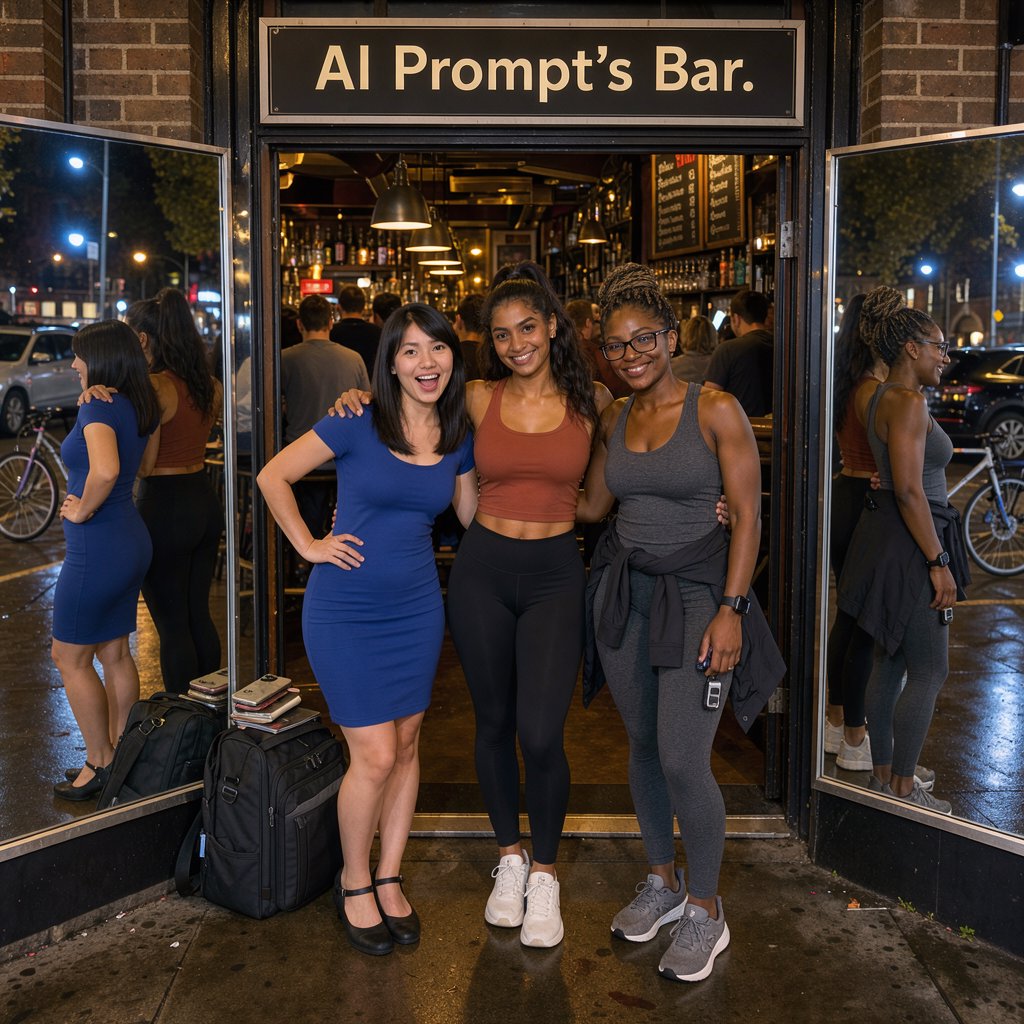 Photorealistic image, late at night. The image shows a pretty 21-year-old Japanese woman wearing a blue dress that fits her body. Next to her is a pretty 24-year-old Indian woman wearing a crop top and leggings that fit her. Another is a pretty Black woman, age 23–27, wearing gym wear and glasses. They are having a group photo in front of a bar called “AI Prompt’s Bar.” The image shows full front, back, and side views of the women. Vibe: busy friends who finally made time to hang out. — FLUX 3 Image