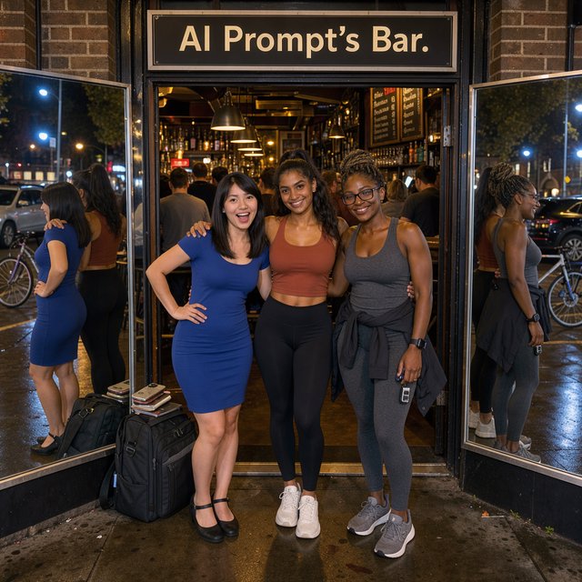 Photorealistic image, late at night. The image shows a pretty 21-year-old Japanese woman wearing a blue dress that fits her body. Next to her is a pretty 24-year-old Indian woman wearing a crop top and leggings that fit her. Another is a pretty Black woman, age 23–27, wearing gym wear and glasses. They are having a group photo in front of a bar called “AI Prompt’s Bar.” The image shows full front, back, and side views of the women. Vibe: busy friends who finally made time to hang out. — FLUX 3 Image
