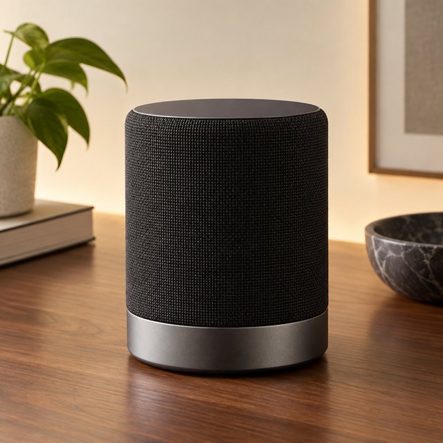 Commercial product photograph of an unbranded wireless speaker made from textured black fabric and satin aluminum, placed on a walnut tabletop against a warm cream background, illuminated by a large softbox and subtle backlight. — GPT Image 2.5 Sunburst