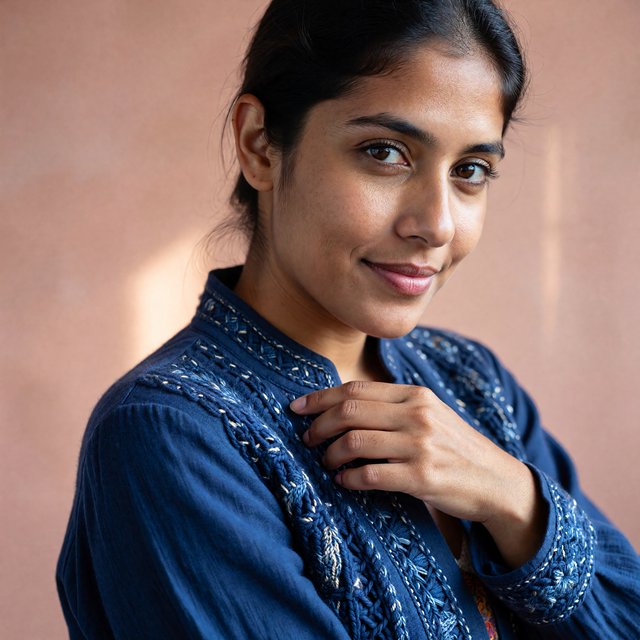 Fashion portrait of an adult Latina woman in her late 20s wearing a handwoven cobalt-blue cotton jacket, one hand touching its embroidered cuff, curious half-smile, against a pale peach studio backdrop, soft diffused window light shaping her face. — ImagineArt 1.5 Pro
