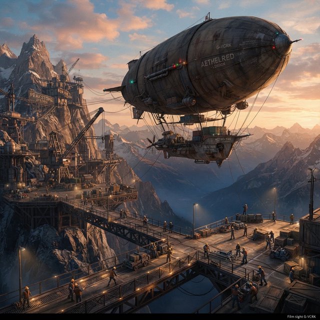 Concept art of a weathered cargo airship docking at a mountaintop station, crew tiny for scale, late afternoon light. — Nano Banana 2 Lite