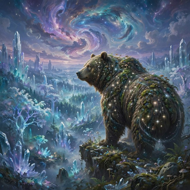 A colossal ancient bear, its fur woven with moss and starlight, stands at the edge of a shimmering, otherworldly forest. The trees are made of crystal and emit a soft, ethereal glow. In the distance, a nebula swirls in the twilight sky. The scene is rendered in a fantasy art style, with surrealist elements and cinematic lighting that emphasizes the majestic scale of nature. — Muse Image 1.0