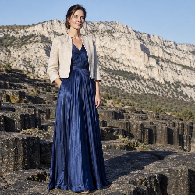 Across a basalt terrace, an adult woman in her early forties poses in a full-length fashion photograph, wearing a pleated indigo silk dress and cropped linen jacket, her composed half-smile lit by hard afternoon sunlight from one side against a pale limestone ridge. — GPT Image 2.5 Flare