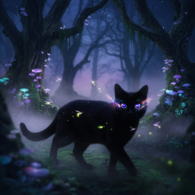 A sleek, obsidian cat with fur that seems to absorb all light, walks with quiet grace through a tranquil, mist-shrouded forest. Its eyes glow with an inner cosmic energy, reflecting distant nebulae. Ethereal fireflies drift around it, illuminating ancient, gnarled trees and glowing mushrooms. The style is deeply atmospheric, emphasizing soft focus and a palette of deep purples and blues. — Grok Imagine Image Quality