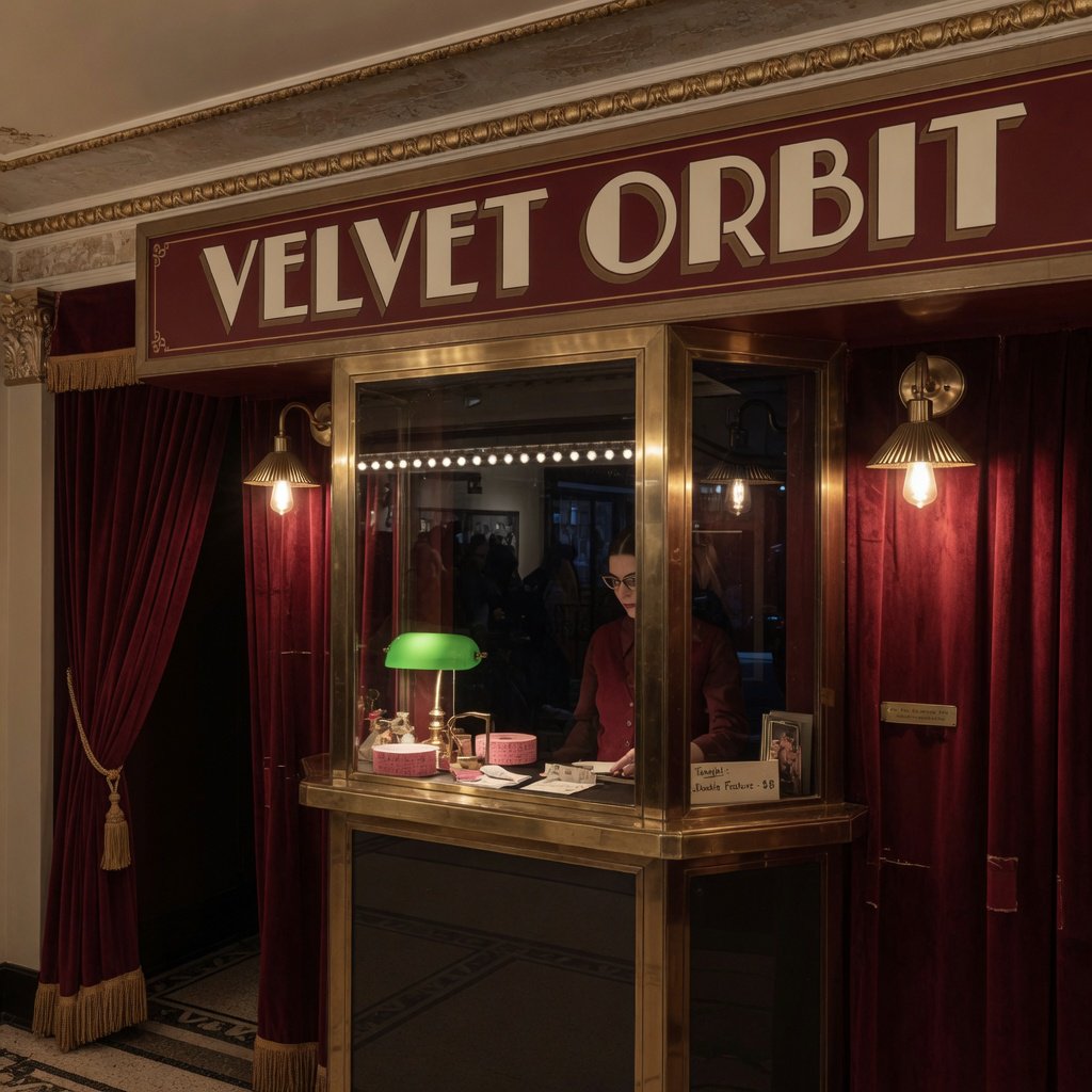 In a restored neighborhood cinema, brass sconces illuminate velvet curtains and a glass ticket booth; "VELVET ORBIT" is painted in ivory block letters across the booth’s burgundy fascia. — Grok Imagine Image Quality