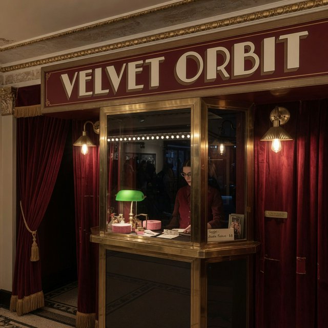 In a restored neighborhood cinema, brass sconces illuminate velvet curtains and a glass ticket booth; "VELVET ORBIT" is painted in ivory block letters across the booth’s burgundy fascia. — Grok Imagine Image Quality