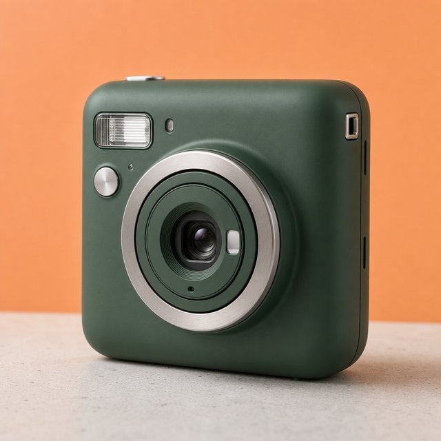 Commercial product photograph of an unbranded compact instant camera in matte forest-green polymer with brushed steel details, resting on a pale concrete surface against a warm peach background, illuminated by broad diffused studio light and a soft rim light. — GPT Image 2