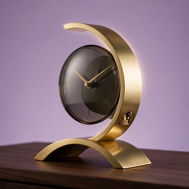 Commercial product photograph of an unbranded sculptural table clock made from satin brass and smoked glass, resting on a dark walnut surface against a muted lavender background, illuminated by a large diffused softbox from the upper left and a subtle rear rim light. — Seedream 5.0 Pro
