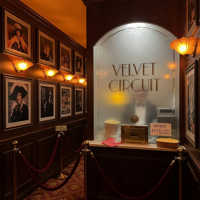 A narrow neighborhood cinema lobby glows with amber sconces, velvet ropes, and framed film stills; "VELVET CIRCUIT" is etched in elegant silver lettering across the frosted glass ticket-booth window. — Grok Imagine Image Quality