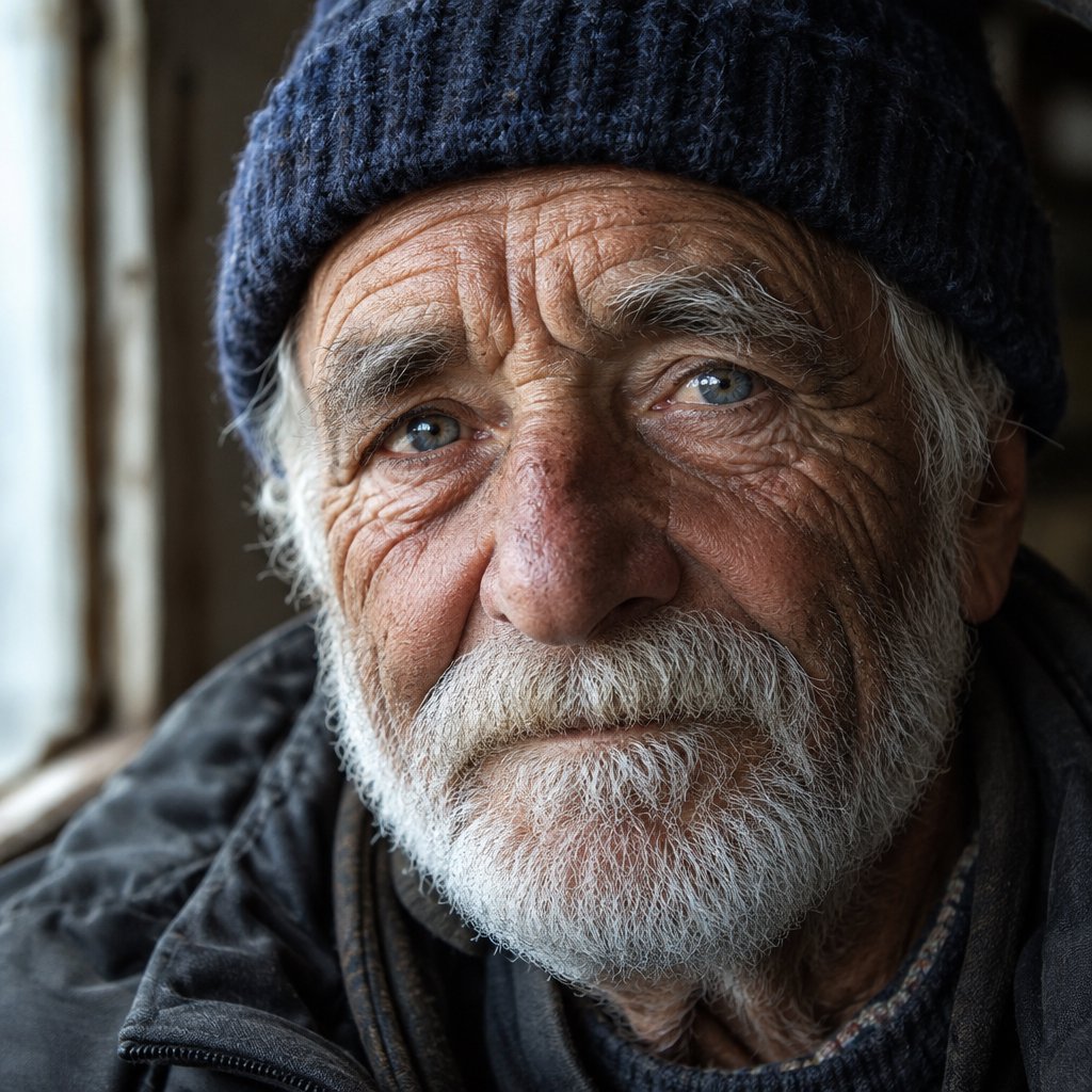 Close-up portrait of an elderly fisherman with deep wrinkles and a knitted cap, catchlights in the eyes, weathered skin texture, soft window light. — GPT Image 2.5 Flare