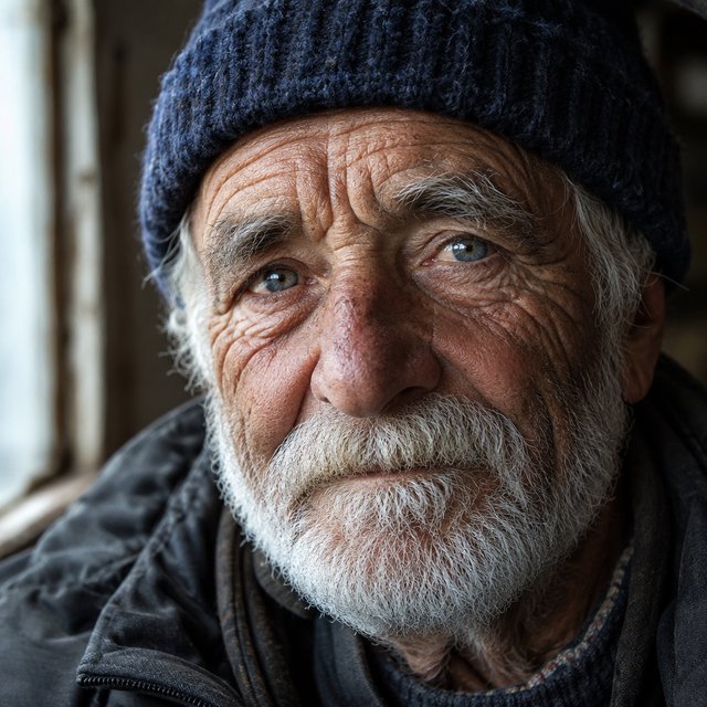 Close-up portrait of an elderly fisherman with deep wrinkles and a knitted cap, catchlights in the eyes, weathered skin texture, soft window light. — GPT Image 2.5 Flare
