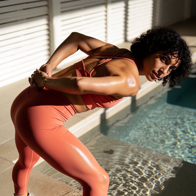 Editorial glamour photograph of one adult woman in coral fitness wear stretching beside a sunlit indoor pool, natural posture, soft reflections, flattering golden light, refined athletic campaign mood. — Krea 2 Medium