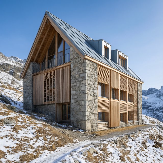 Exterior of a contemporary alpine research lodge in restrained regional modernism, rough granite walls, larch screens, steep standing-seam roof, crisp snow-bright morning light, viewed from below across a mountain footpath, sound structural geometry. — Qwen Image 3.0
