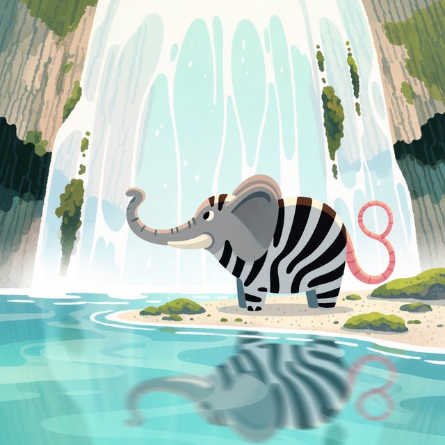 An adorable animal in a cartoon illustration, a cross between an elephant, a zebra, and a mouse. On the shore at the base of a magical waterfall flowing into a crystal-blue pond. Ripples create a wavy reflection in the water. — Krea 2 Medium