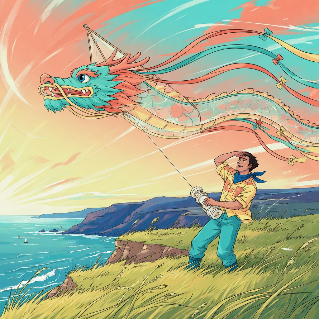 Cel-shaded anime illustration of an adult kite maker testing a vast translucent dragon-shaped kite on a windy coastal bluff, ribbons streaming above wild grasses and distant cliffs. Palette of coral, turquoise, butter yellow, and deep blue, with clean contours and a luminous sky. — Grok Imagine Image Quality