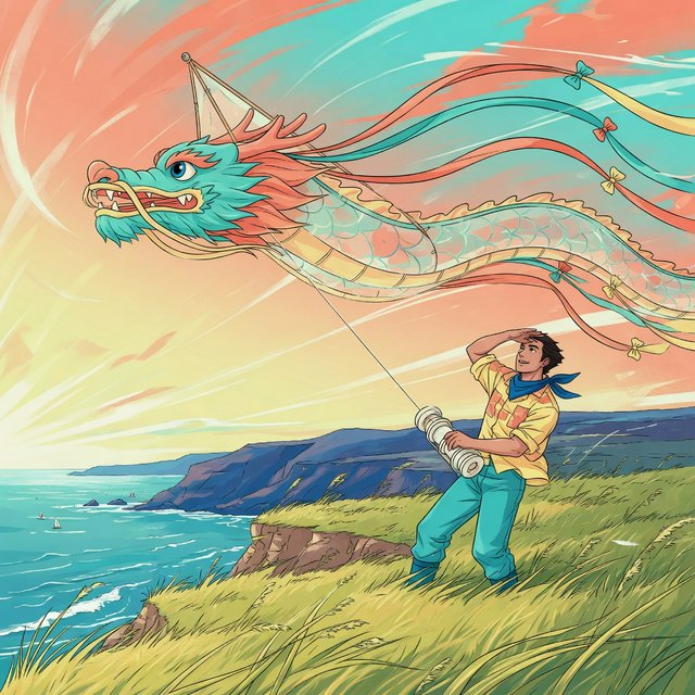 Cel-shaded anime illustration of an adult kite maker testing a vast translucent dragon-shaped kite on a windy coastal bluff, ribbons streaming above wild grasses and distant cliffs. Palette of coral, turquoise, butter yellow, and deep blue, with clean contours and a luminous sky. — Grok Imagine Image Quality