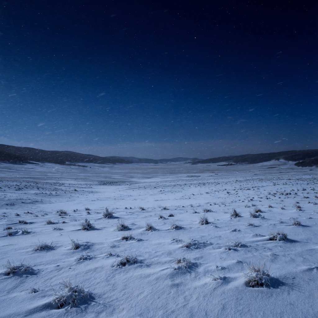 Moonlight washes a snowbound high plateau beneath sharp stars, while dry flurries cross the midnight air; frost feathers the foreground tussocks, and dark, rolling ridgelines recede into a blue-black distance. — Krea 2 Large