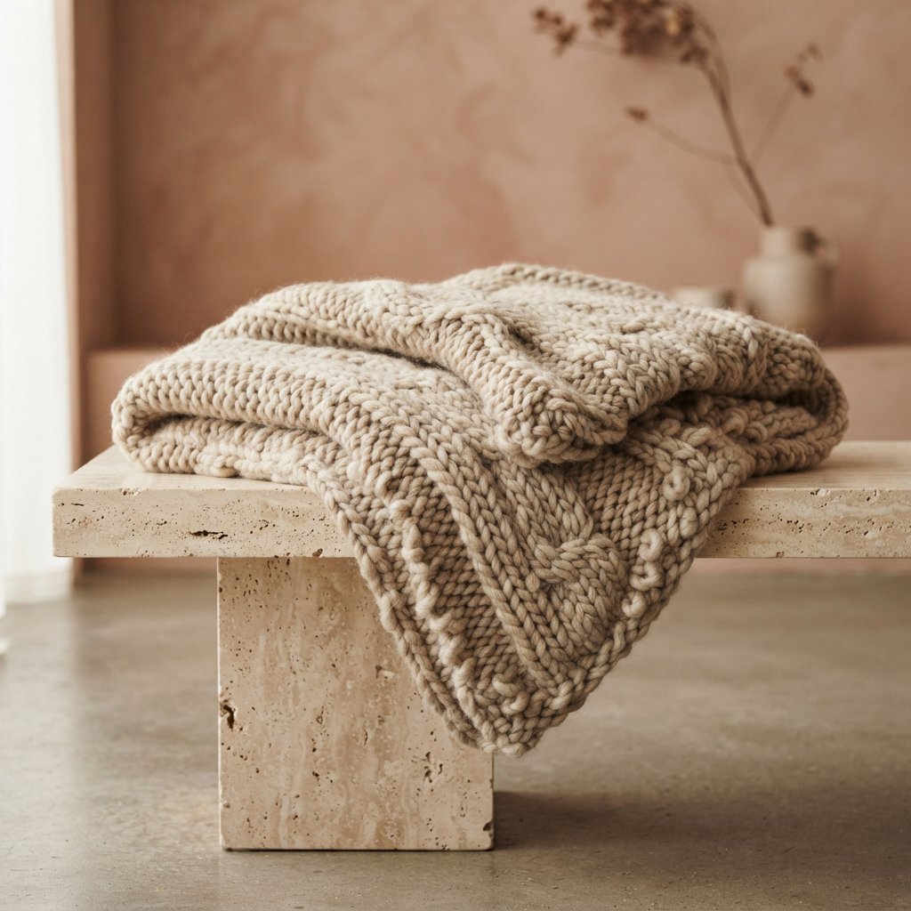 Soft folds of an unbranded chunky-knit wool throw rest on a pale travertine bench; its looped surface catches broad diffused key light and gentle side fill against a muted terracotta studio background, forming a clean commercial product image with no lettering. — Nano Banana 2 Lite