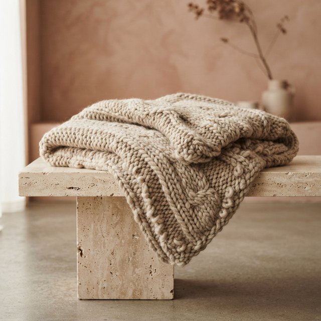 Soft folds of an unbranded chunky-knit wool throw rest on a pale travertine bench; its looped surface catches broad diffused key light and gentle side fill against a muted terracotta studio background, forming a clean commercial product image with no lettering. — Model 16