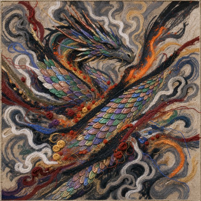 An abstract tapestry woven from the dreams of a sleeping dragon, depicted as a chaotic yet beautiful explosion of iridescent scales, fiery embers, and swirling smoke. The composition is dynamic and energetic, with bold brushstrokes and a rich, textured surface. The style is abstract expressionism, capturing the raw, untamed essence of draconic power. — FLUX 3 Image