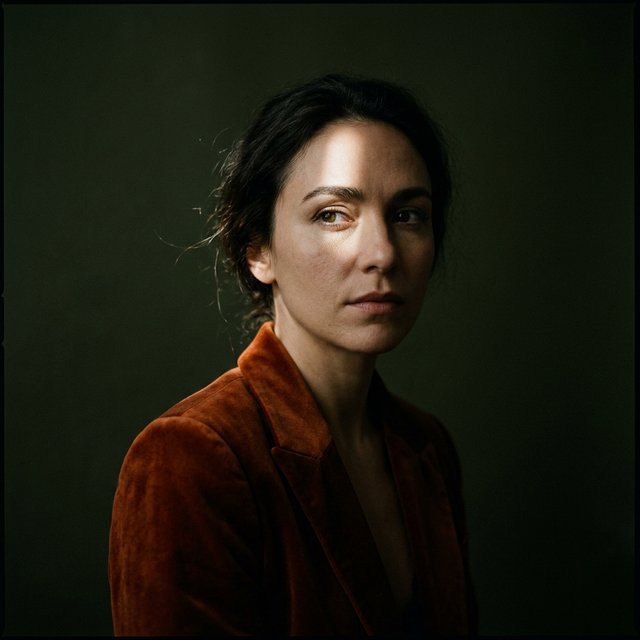 Her guarded gaze catches a solitary beam in a low-key fashion portrait: an adult woman aged 27–35 wears a rust-colored velvet blazer, the rest of her face falling into shadow against a deep olive backdrop. — Nano Banana 2.1