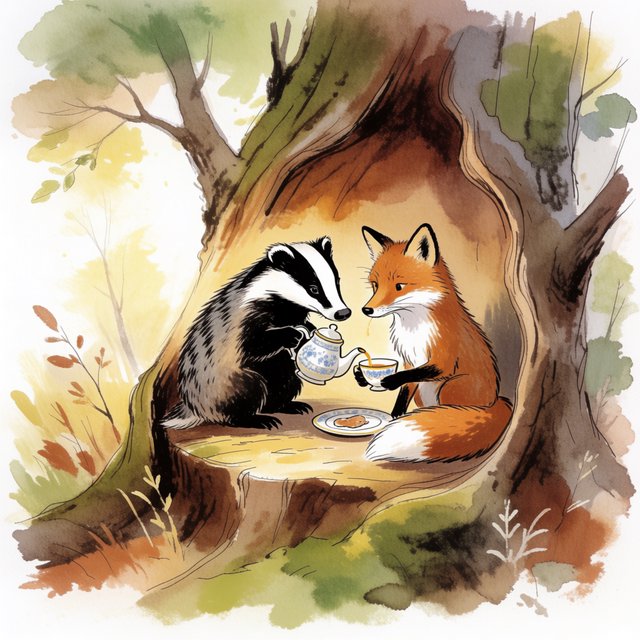 Children's book illustration of a fox and a badger sharing tea in a hollow tree, watercolour and ink, warm and gentle. — Krea 2 Medium