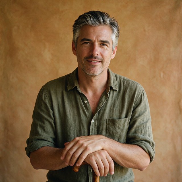 Portrait photograph of an adult man in his 40s with silver-streaked hair, wearing a textured olive linen shirt and rolled sleeves, hands resting on a wooden cane, relaxed expression, ochre plaster backdrop, soft window light from the side. — Seedream 5.0 Pro
