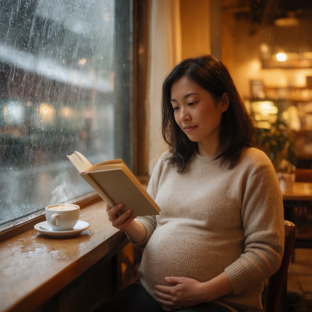 Photorealistic cinematic scene of a pregnant Chinese woman sitting in a cozy café by the window, reading a book. She appears calm, gentle, and thoughtful, with one hand resting naturally near her belly. On the table beside her is a cup of coffee, softly steaming. Outside the large window, heavy rain pours down, with streaks of water on the glass and a blurred rainy street beyond. The café interior is warm and inviting, with soft ambient lighting, wooden textures, and a peaceful atmosphere that contrasts with the storm outside. The composition should feel intimate, emotional, and serene, with the woman as the clear focal point. — Krea 2 Large