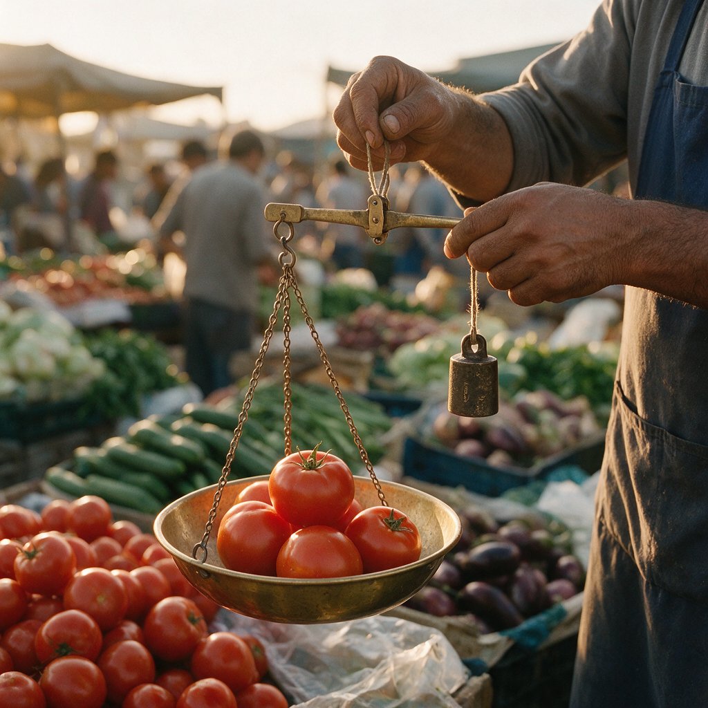 Candid street photograph of an outdoor vegetable market at golden hour, a vendor weighing tomatoes on a brass scale, shallow depth of field, 50mm lens. — Seedream 5.0 Pro