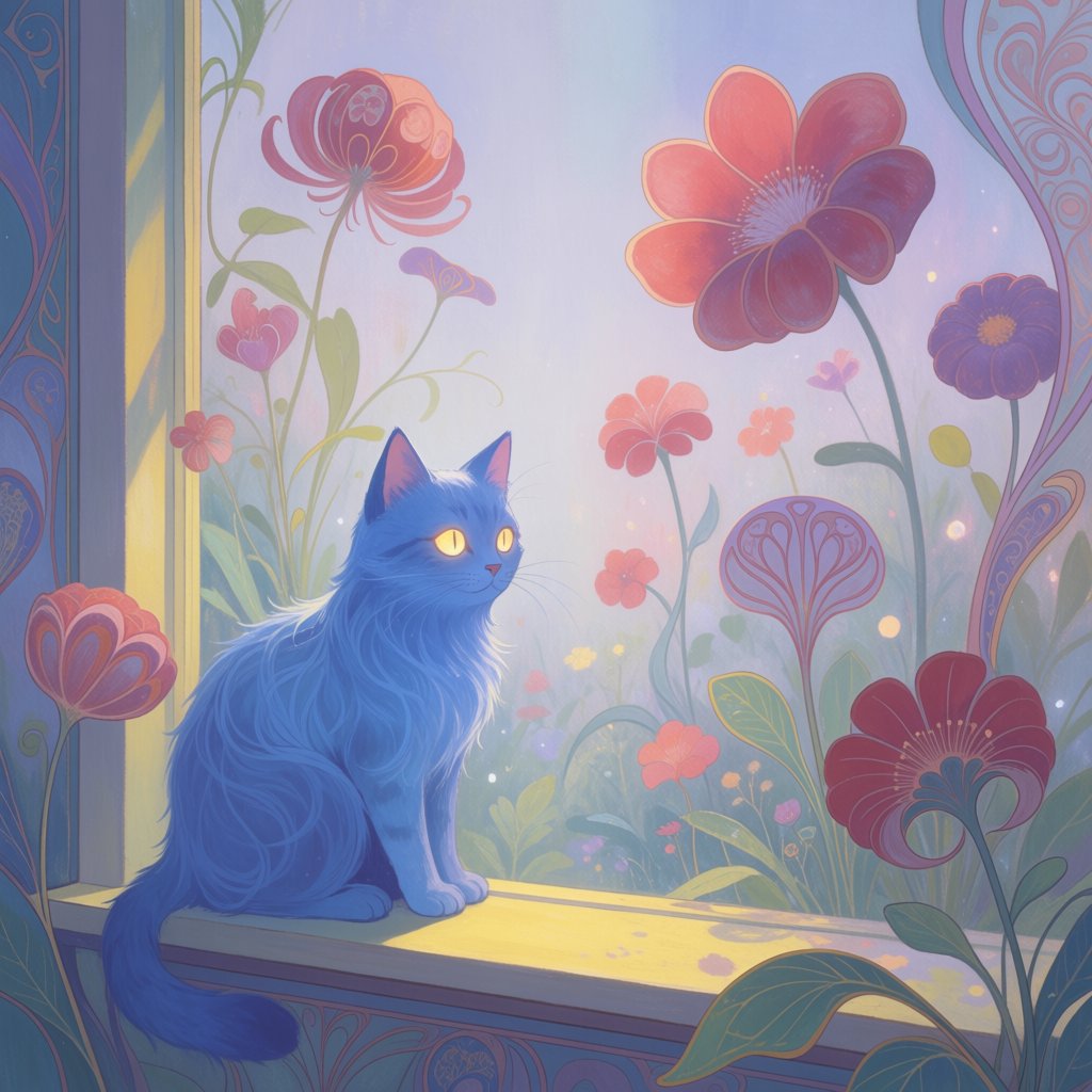 A whimsical cat with fur like spun moonlight sits on a windowsill overlooking a dreamlike garden. The garden is filled with oversized, fantastical flowers rendered in a soft, painterly style, with elements of Art Nouveau curves in the plant designs. The overall mood is serene and enchanting. — Krea 2 Medium