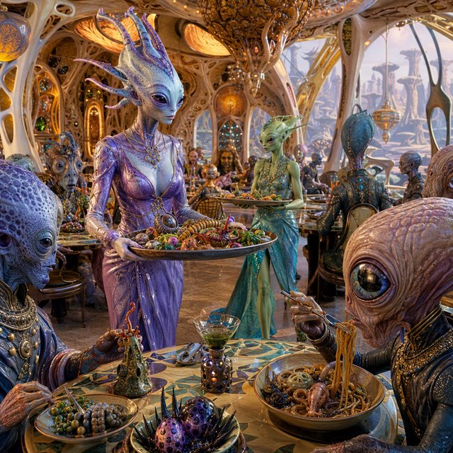 An alien restaurant on a strange planet. The interior is well lit, but the décor is very strange and out of this world. Alien waitresses are bringing in platters of food. Alien diners are eating very unusual dishes. — GPT Image 2