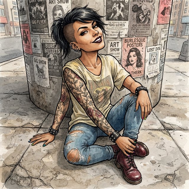 Realistic India ink illustration with crisp black lines, realistic anatomy and proportions, and watercolor fills; black ink outlines remain visible. Full-length, overhead view. A Latina woman sits on the pavement with her back against an enormous, thick round downtown pillar covered in posters for bands, art shows, burlesque, and a lost dog. One hand rests on the pavement, the other on an ankle. She tilts her head back, looking up at the viewer with a confident smile. Character: 25-year-old woman, medium-brown skin, slim build, edgy punk/goth appearance. Black asymmetrical undercut, right side shaved, longer top brushed across forehead, short messy ponytail. Sharp features, arched brows, brown almond-shaped eyes, heavy eyeliner, dark burgundy lipstick, six ear piercings. Each fingernail a different color. Loose pale-yellow graphic T-shirt, ripped blue jeans, dark red combat boots. Full left-arm sleeve tattoo of vines, leaves, and red roses. Thick black leather bracelets on both wrists. — Nano Banana 2 Lite