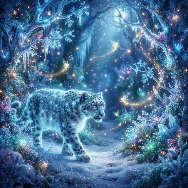 A majestic snow leopard, its fur shimmering with an internal bioluminescent glow, stalks through a frozen, enchanted forest. Crystalline trees with glowing, frost-covered leaves create a magical winter wonderland. Tiny, winged sprites flit between the branches, leaving trails of stardust. The image should capture the essence of a fairytale winter scene with a touch of photorealism, emphasizing the mystical light and the creature's ethereal presence. — Model 16