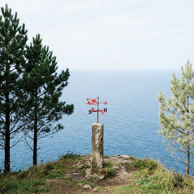 At a coastal overlook, a small red weather vane stands on a stone post. Exactly two dark-green pine trees line the left edge and one pale-green pine tree stands at the right edge; a blue sea fills the background, nothing else. — Model 15
