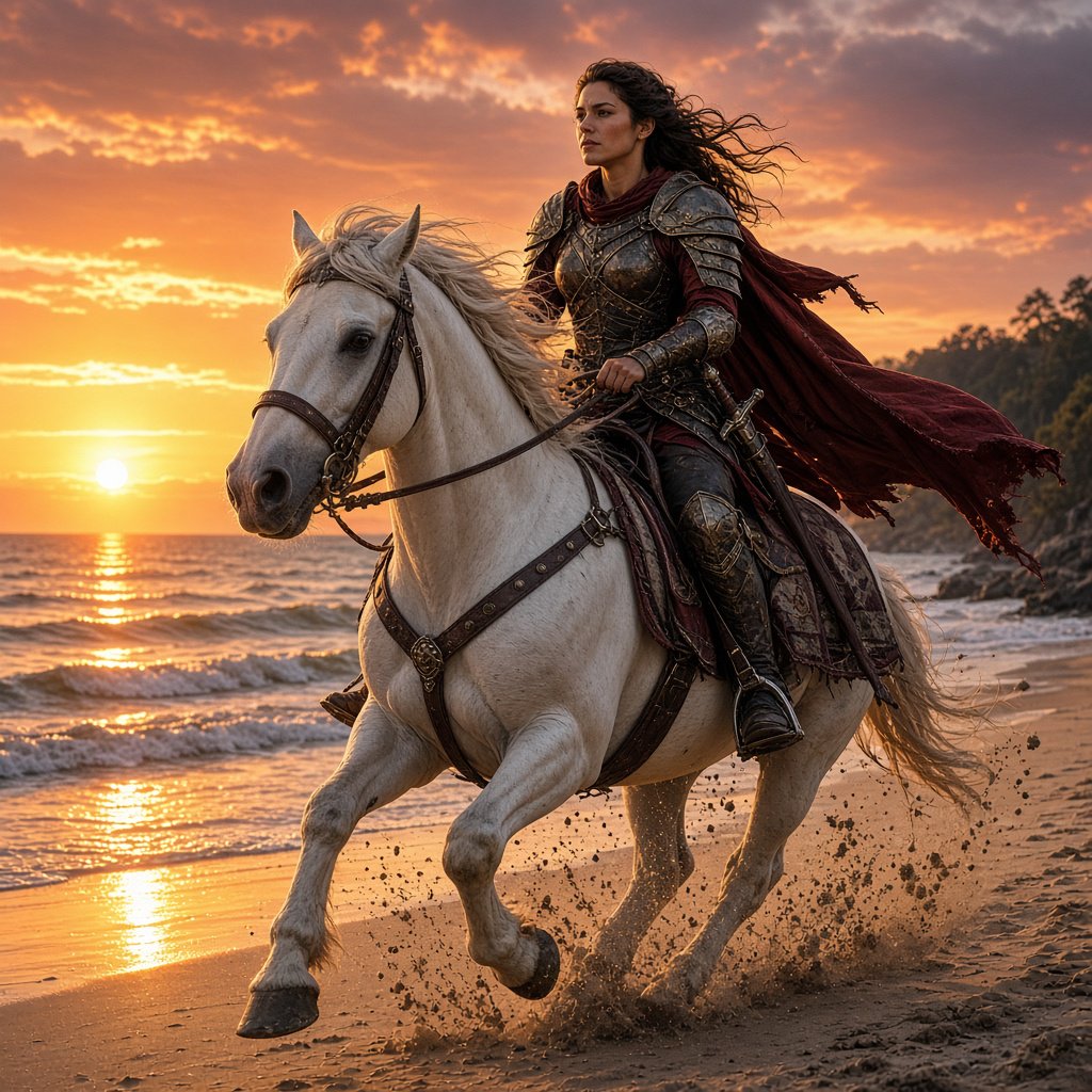 An adult female warrior on her white steed galloping along a fine-sand beach at sunset. — Grok Imagine Image 2