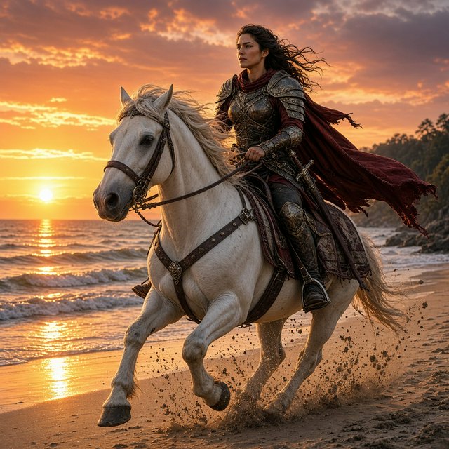An adult female warrior on her white steed galloping along a fine-sand beach at sunset. — Grok Imagine Image 2