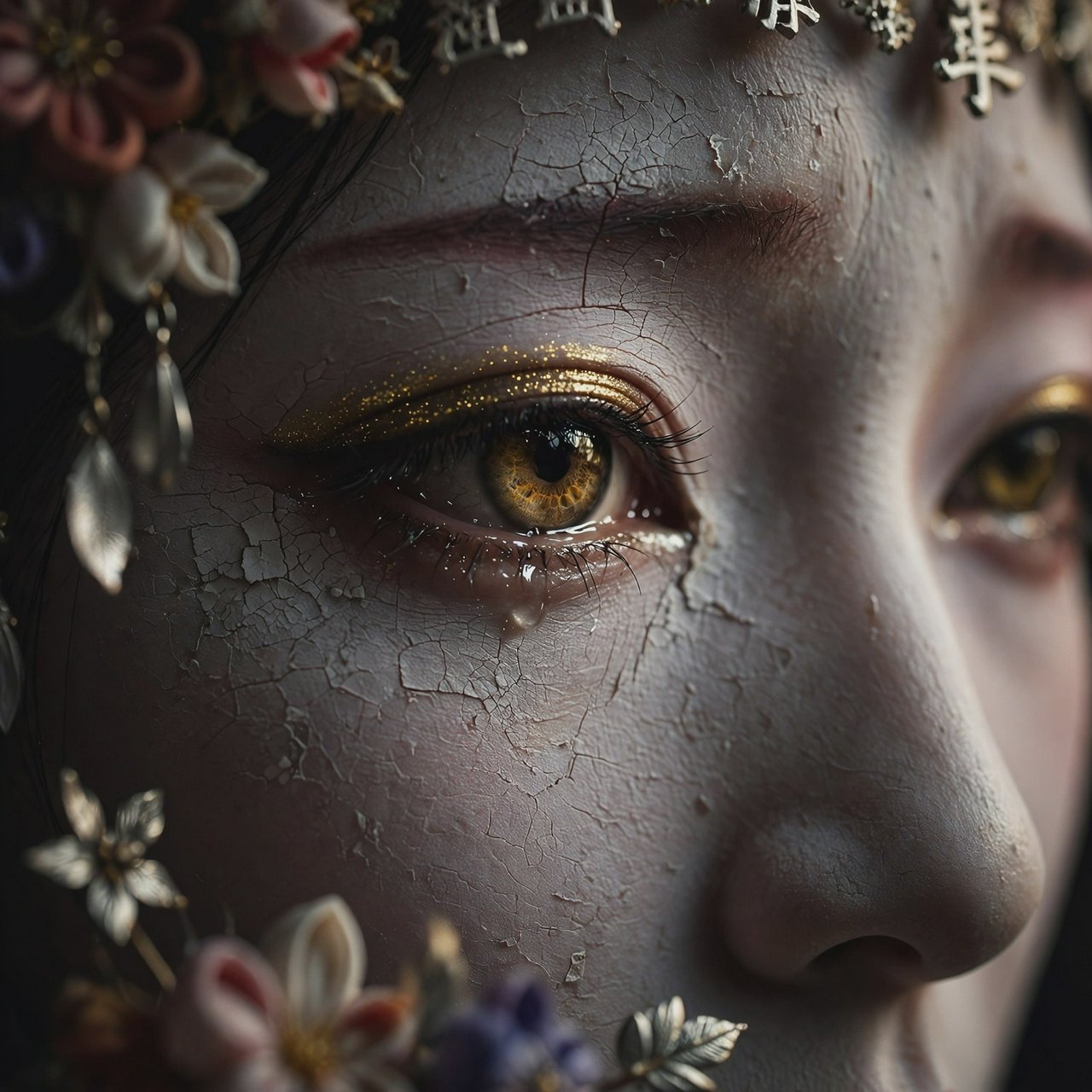 Extreme close-up macro photography of a Geisha's face. The focus is on her eyes, revealing intense emotion and hyper-realistic detail. Her skin is covered in traditional white 'Oshiroi' makeup, showing subtle, realistic cracking and skin texture. Dramatic Chiaroscuro lighting with deep shadows and a single soft light source highlighting the shimmer in her golden eyeshadow and the wetness of her eyes. Ornate kanzashi (hair ornaments) visible in the blurred periphery with intricate silk flowers and dangling silver petals. Cinematic composition, shot on 100mm macro lens, incredibly detailed eyelashes and iris patterns. — Muse Image 1.0