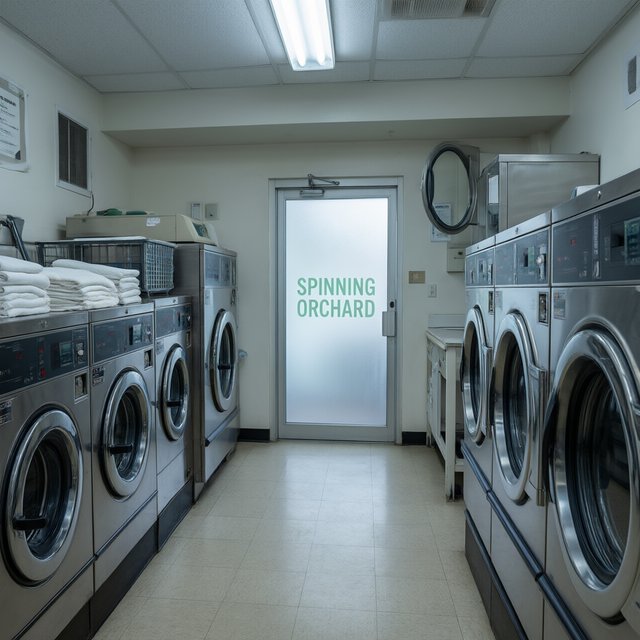 Inside a quiet neighborhood laundromat, chrome machines and folded linen glow beneath cool ceiling lights; "SPINNING ORCHARD" is printed in pale mint letters on the frosted glass entry door. — Qwen Image 3.0