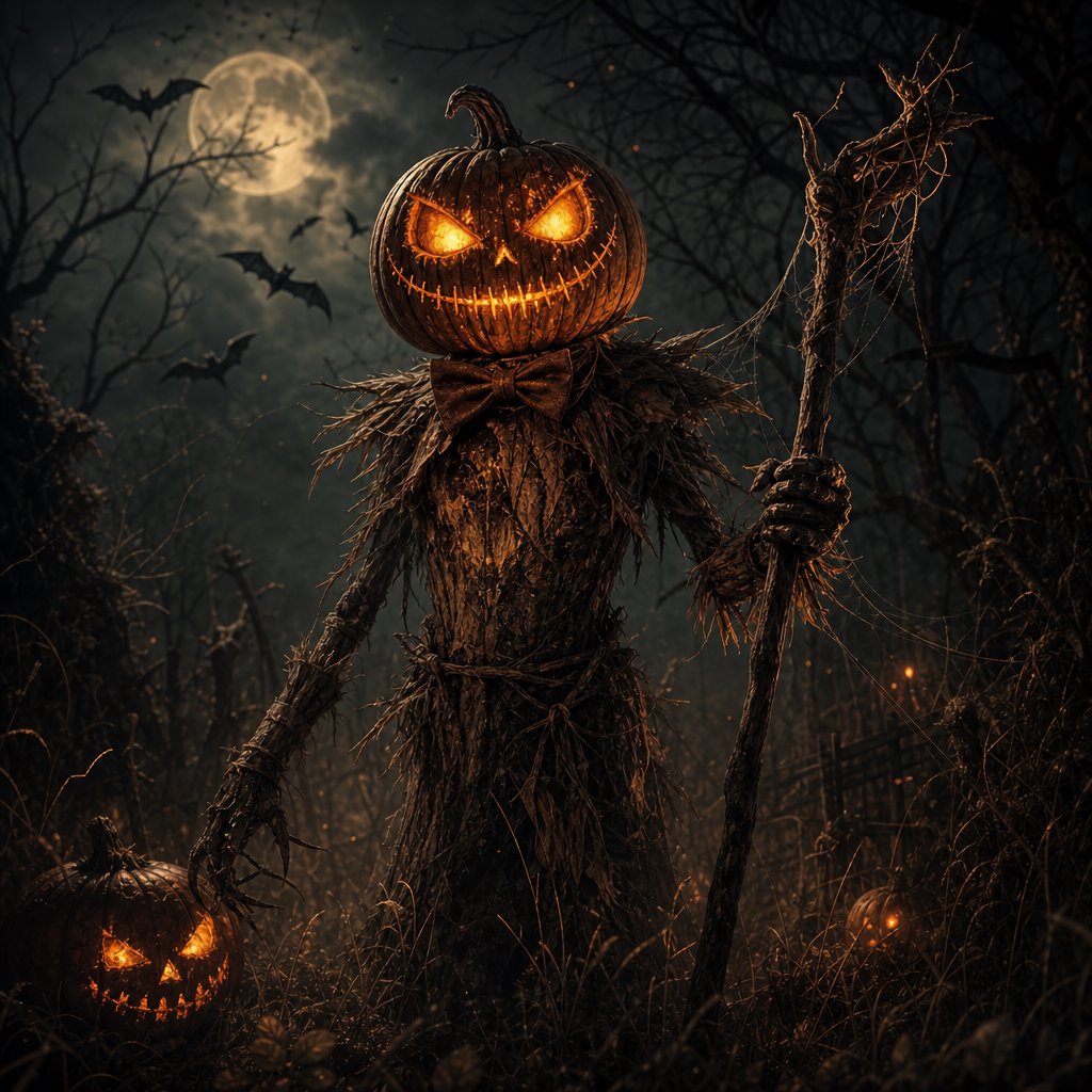Chiaroscuro contrast, inner-lit glows, dense central detail fading into haze and velvety darkness. A pumpkin-headed scarecrow with a jack-o-lantern face, glowing eyes, stitched grin, bow tie, bark torso, and wooden staff stands in a night forest clearing with dry grass, cobwebs, bats, bare branches, — GPT Image 2
