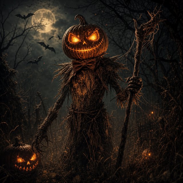 Chiaroscuro contrast, inner-lit glows, dense central detail fading into haze and velvety darkness. A pumpkin-headed scarecrow with a jack-o-lantern face, glowing eyes, stitched grin, bow tie, bark torso, and wooden staff stands in a night forest clearing with dry grass, cobwebs, bats, bare branches, — Model 1