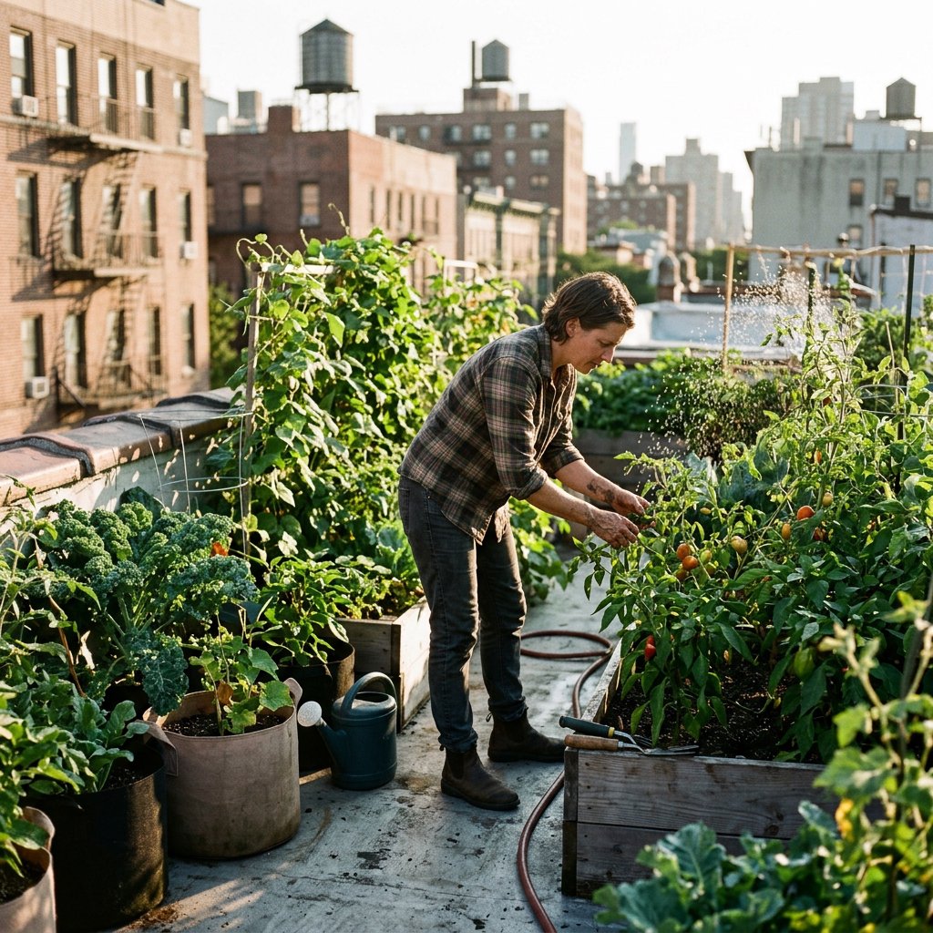 Candid documentary photograph of an adult tending a rooftop vegetable garden in the late afternoon, soft side light, 50mm lens with moderate depth of field, water droplets glinting on freshly watered leaves. — Nano Banana 2.1