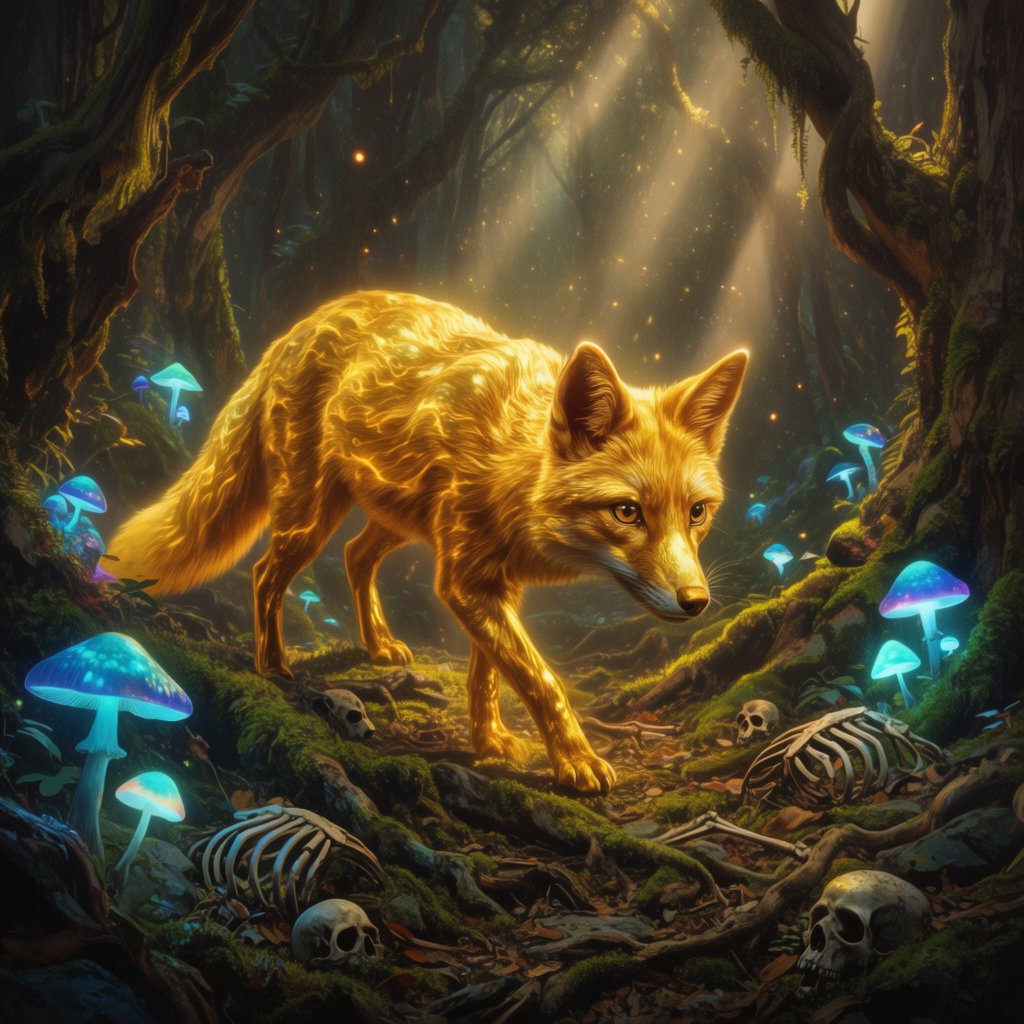 A cunning fox with fur like molten gold cautiously steps through a dense, ancient forest. Shafts of light pierce the canopy, illuminating dust motes dancing in the air. Strange, glowing mushrooms cast an otherworldly light on the moss-covered ground. The style is a blend of dark fantasy illustration and hyperrealism, with a focus on dramatic, cinematic lighting. — Krea 2 Large