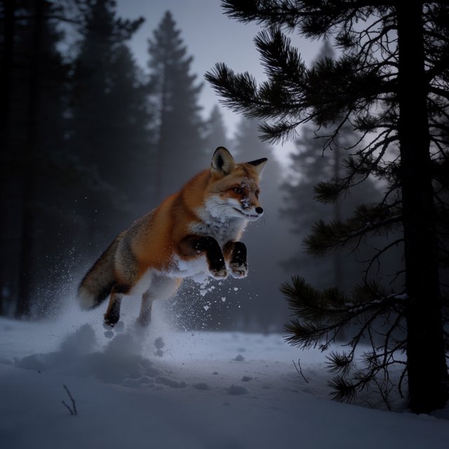A red fox springs through powdery snow at the edge of a pine forest, ears forward and paws suspended. A real-world wildlife telephoto photograph in pale dawn light, 300mm lens, with snow crystals frozen midair. — Model 12
