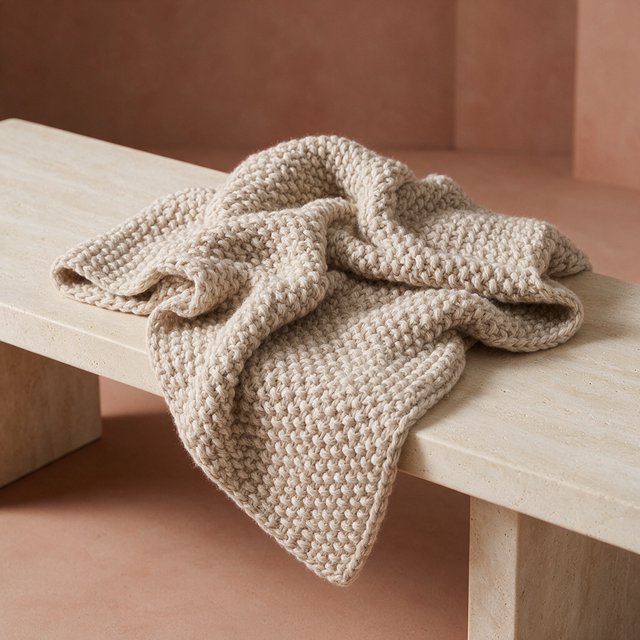 Soft folds of an unbranded chunky-knit wool throw rest on a pale travertine bench; its looped surface catches broad diffused key light and gentle side fill against a muted terracotta studio background, forming a clean commercial product image with no lettering. — Model 20