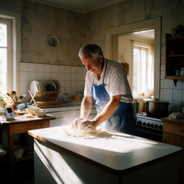 Documentary photo of a home kitchen mid-morning, flour dust in a shaft of window light, an older man kneading dough, natural light only. — Krea 2 Medium