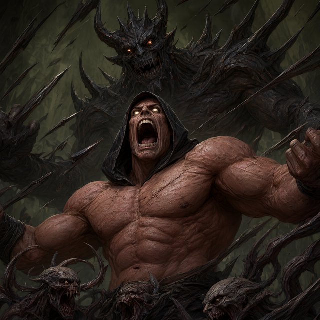 A colossal muscular berserker erupts in a primal roar, framed from the waist upward at a dramatic low angle. His head tilts back, glowing ivory eyes fixed upward, mouth stretched impossibly wide with clearly defined teeth and a cavernous dark interior. A close-fitting black hood frames his angular face, while his bare bronze-red torso displays monumental musculature, fine scars, and jagged surface fissures. Both upper arms thrust outward, elbows and hands beyond the frame, creating a broad, forceful silhouette. Behind him looms a towering obsidian demon with a crown of needlelike horns, scattered ember eyes, a serrated grin, and massive shoulders formed from twisted organic armor. Smaller snarling creatures coil across the lower foreground, their skull-like heads and hooked tendrils overlapping his waist. Razor-shaped fragments sweep diagonally through the scene, directing attention toward his illuminated face and chest. A ruined abyss recedes through smoky olive-green and charcoal haze. — Qwen Image 3.0 Pro